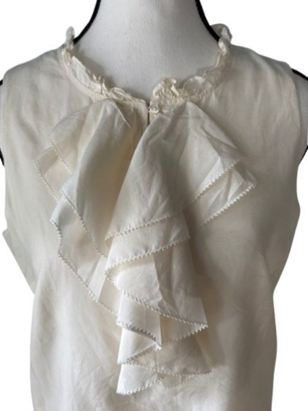 Vintage Eddie Bauer Sleeveless Ruffle Neck Cream Top, Silk Blend. Size-Med
